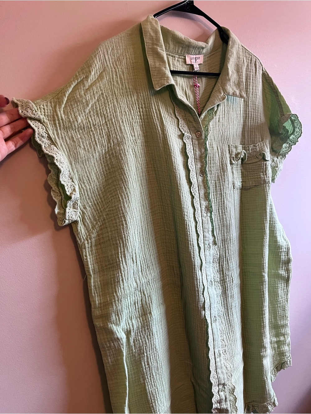 Sherbet Green Gauze Button-Down Tunic Dress - Picture 4 of 8